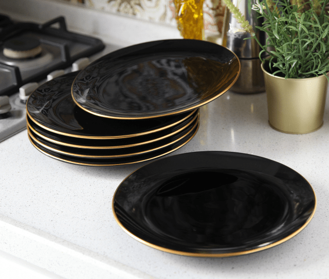 Gönul Collection – Ceramiek Servies Borden – Set van 6 Zwart/Goud – Homestar Decoratie