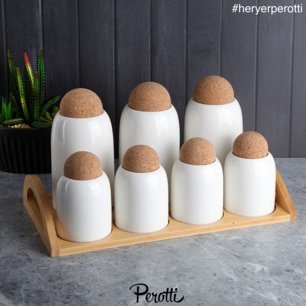 Perotti Cork - Porselen Baharatlik Seti - 7 Parca + Bambu Stand