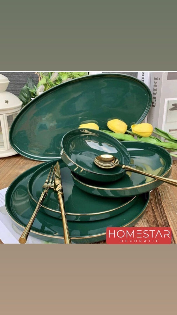 Selinex Home Deluxe 25-delig – Porselein Set + Salade Schaal Ovaal – Groen/Goud – Homestar Decoratie