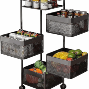 Keukenrek met 4 Metalen Manden op Wieltjes – 26x26x77 cm – Zwart Opbergsysteem – Verrijdbare Organizer voor Keuken of Bijkeuken