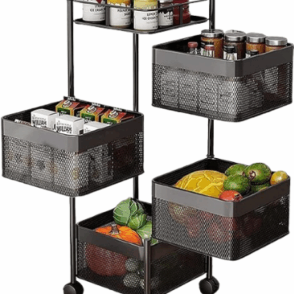 Keukenrek met 4 Metalen Manden op Wieltjes – 26x26x77 cm – Zwart Opbergsysteem – Verrijdbare Organizer voor Keuken of Bijkeuken
